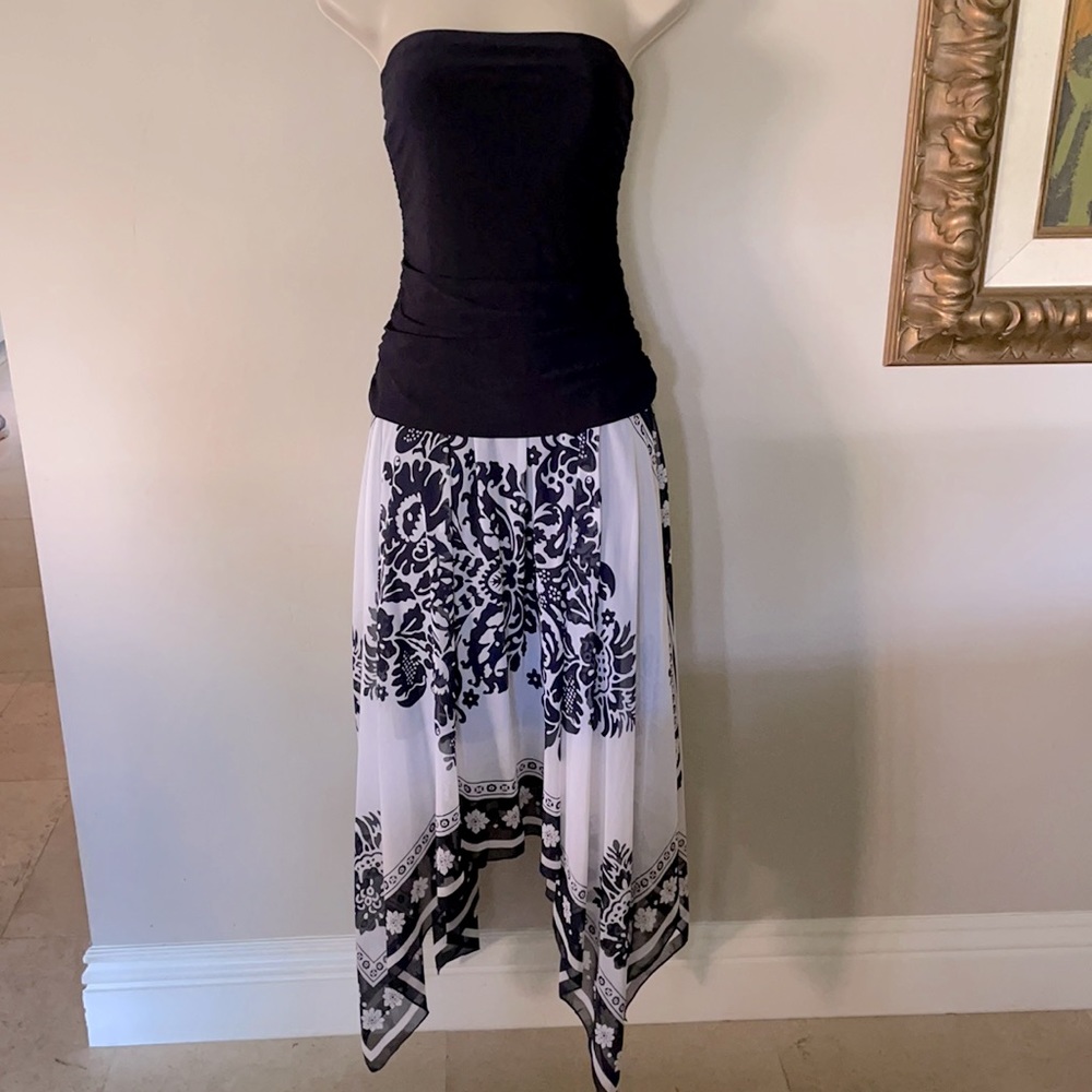 Boston Proper Strapless handkerchief hem midi dress